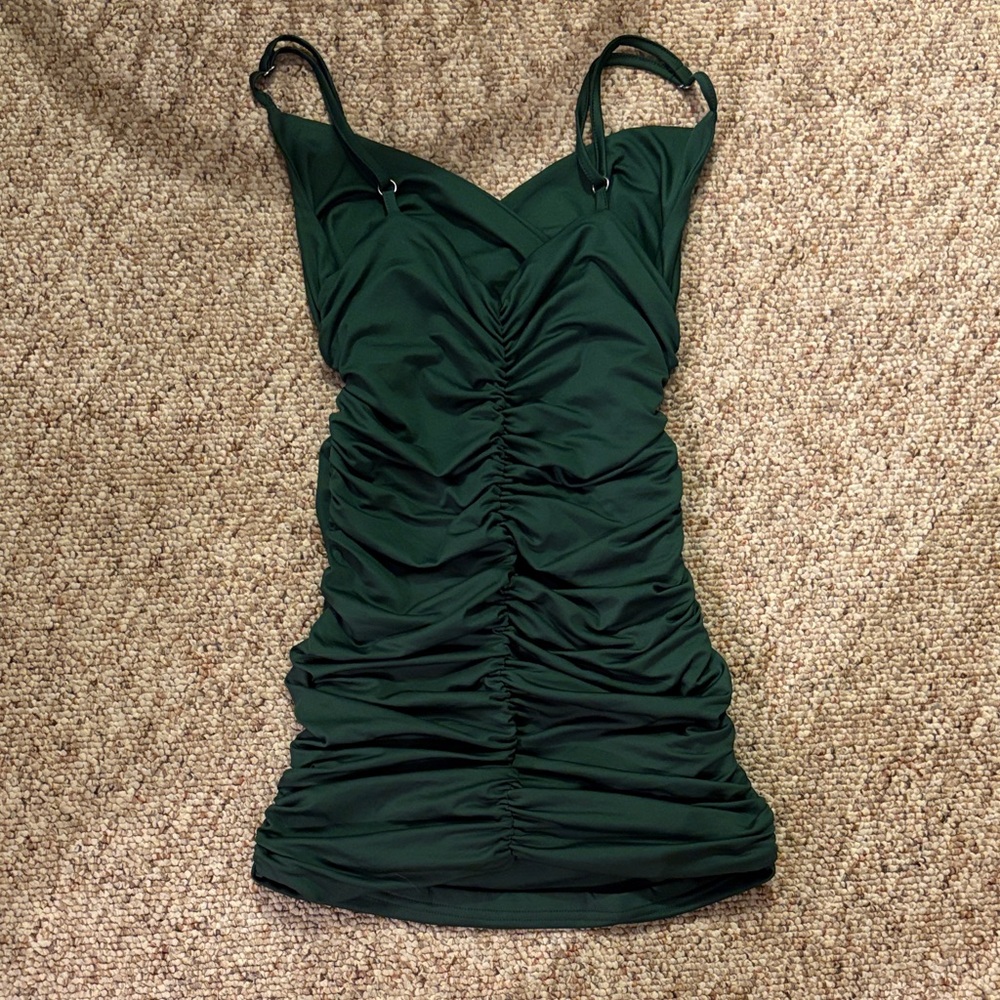 Dark Green Ruched Spaghetti  Strap Dress